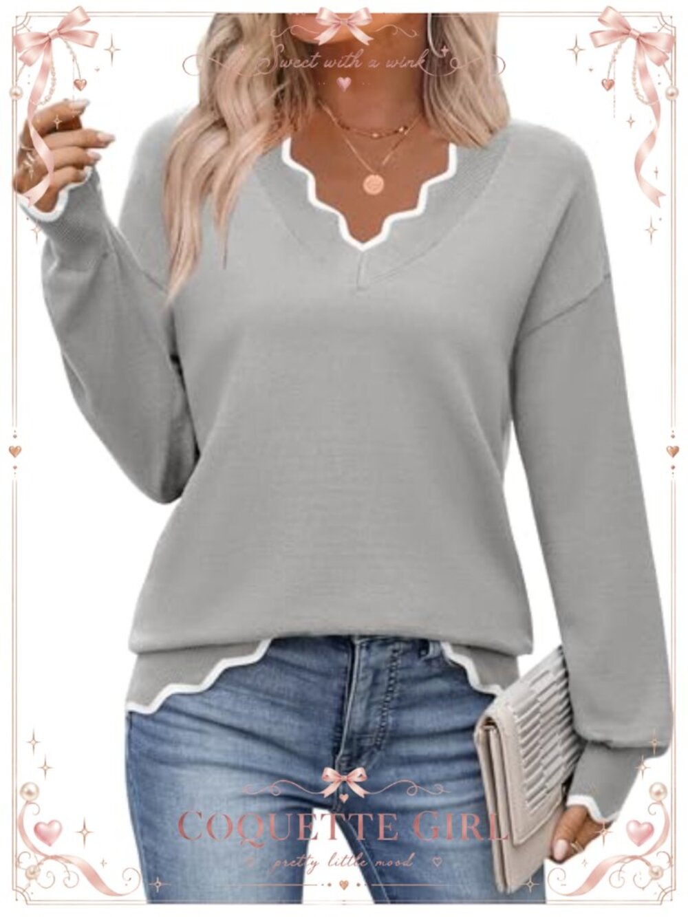 V Neck Ribbed Knit Long Sleeve Pullover Sweater Casual